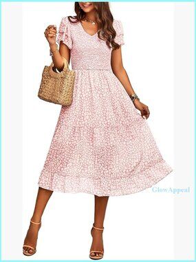 Summer Floral Midi Dress Smocked Bodice Ruffled Sleeves V Neck Boho